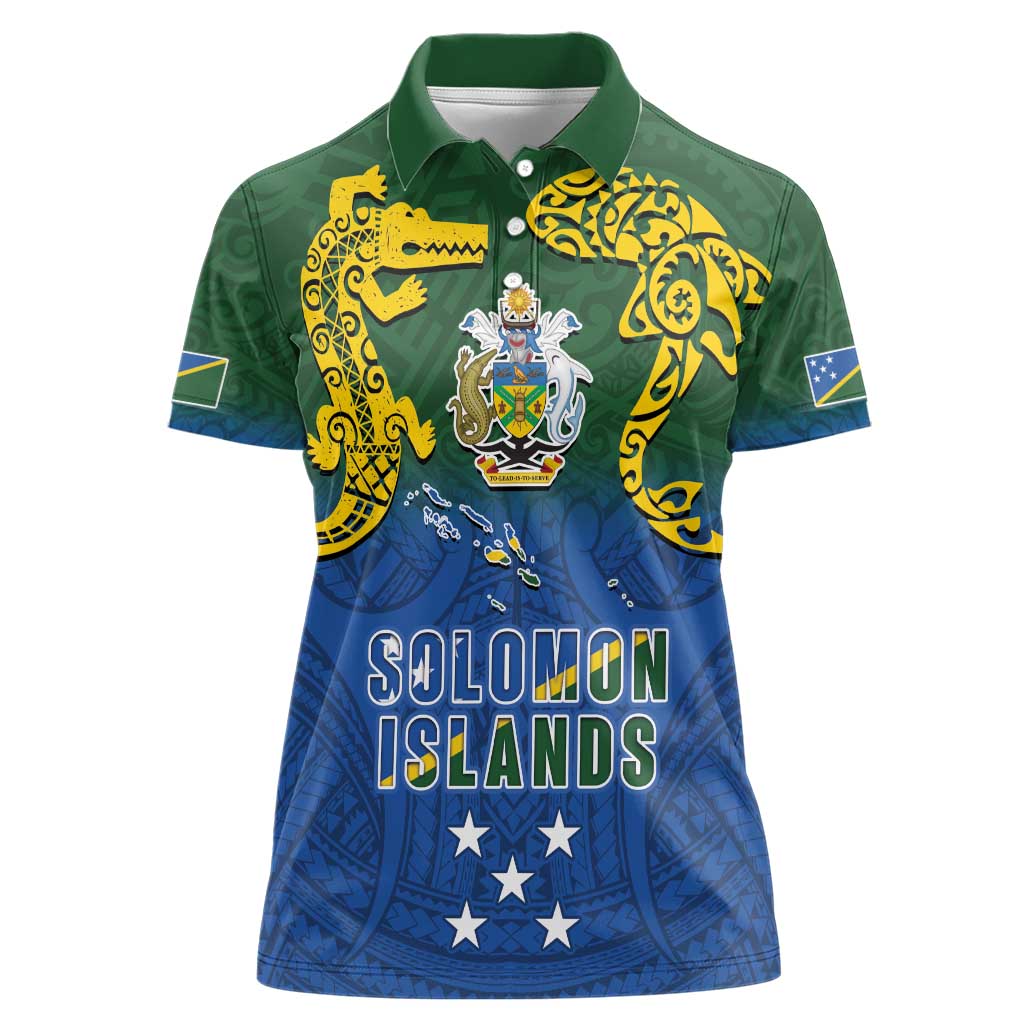 Solomon Islands Women Polo Shirt The Guardians-Tribal Crocodile and Shark Melanesian Tattoo
