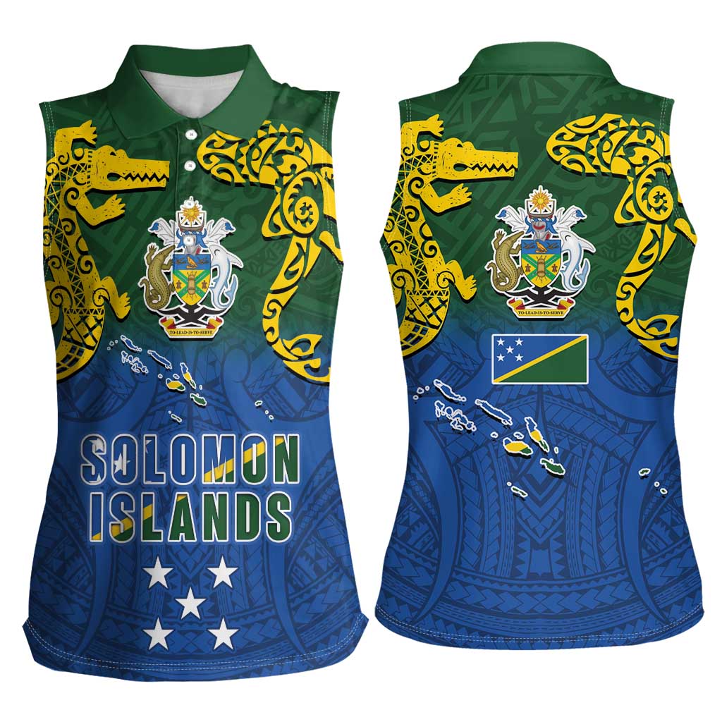 Solomon Islands Women Sleeveless Polo Shirt The Guardians-Tribal Crocodile and Shark Melanesian Tattoo