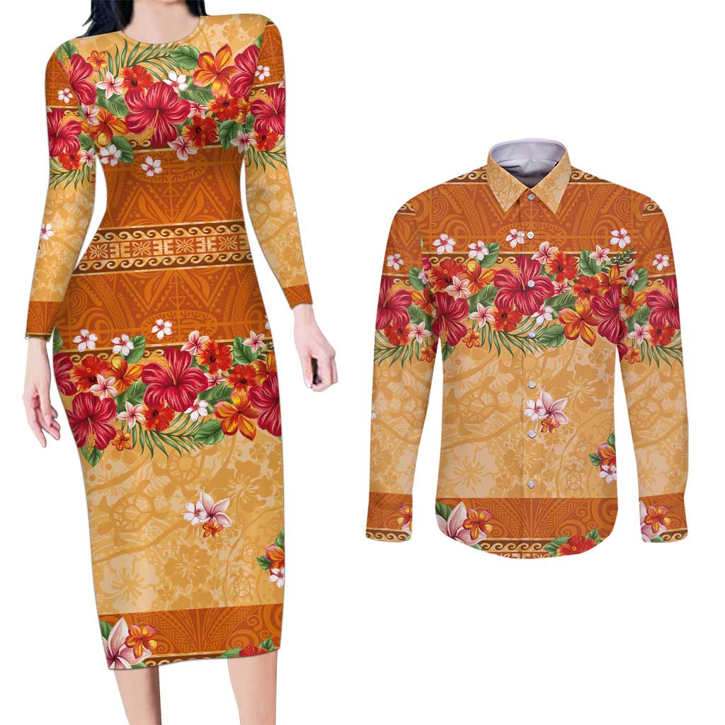 Hawaii Hibiscus Couples Matching Long Sleeve Bodycon Dress and Long Sleeve Button Shirt Turtles and Tribal Motifs Vintage Floral Style