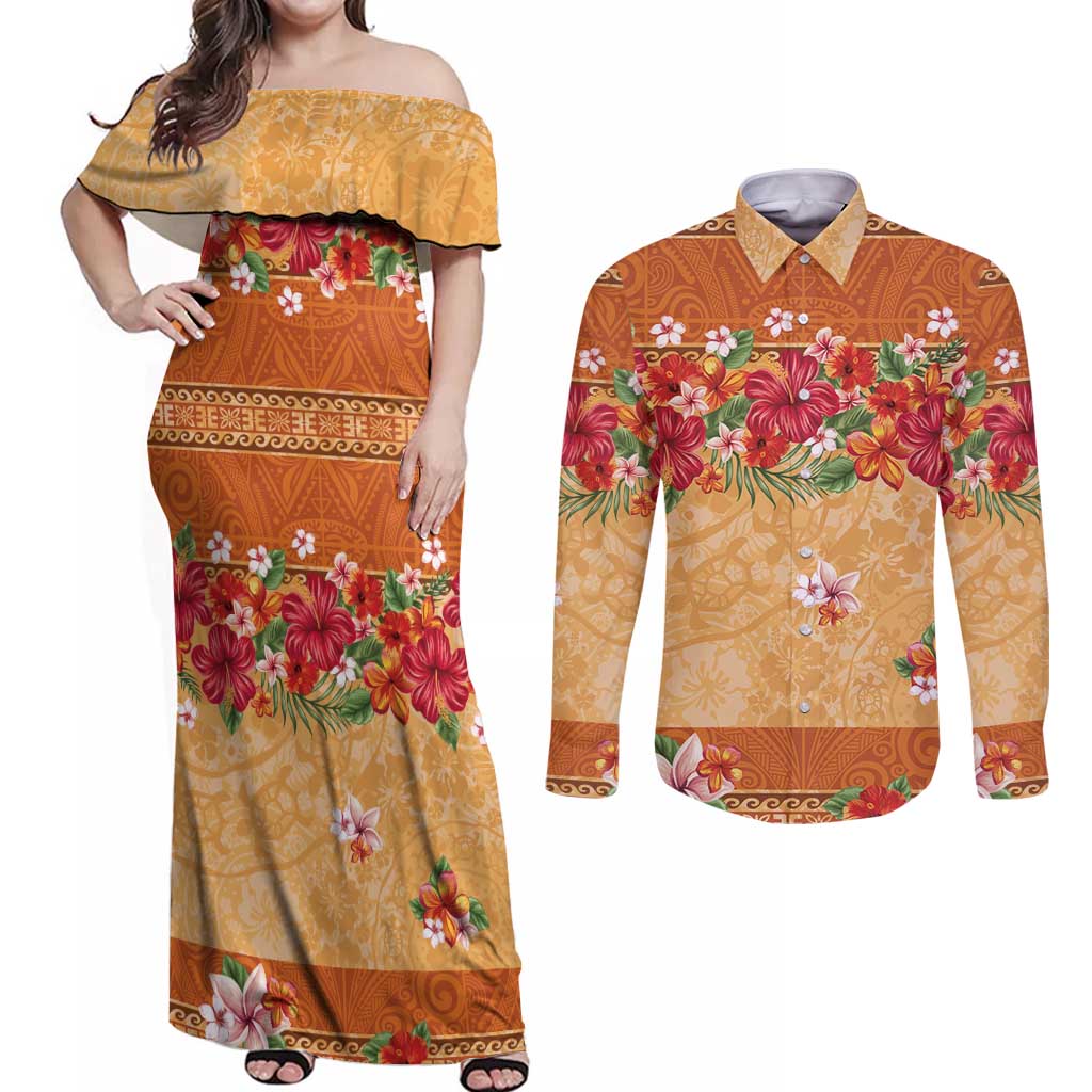 Hawaii Hibiscus Couples Matching Off Shoulder Maxi Dress and Long Sleeve Button Shirt Turtles and Tribal Motifs Vintage Floral Style