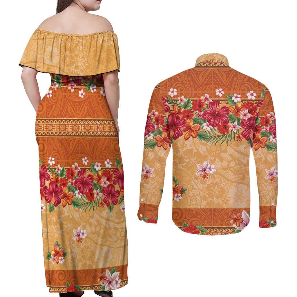 Hawaii Hibiscus Couples Matching Off Shoulder Maxi Dress and Long Sleeve Button Shirt Turtles and Tribal Motifs Vintage Floral Style