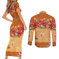 Hawaii Hibiscus Couples Matching Short Sleeve Bodycon Dress and Long Sleeve Button Shirt Turtles and Tribal Motifs Vintage Floral Style