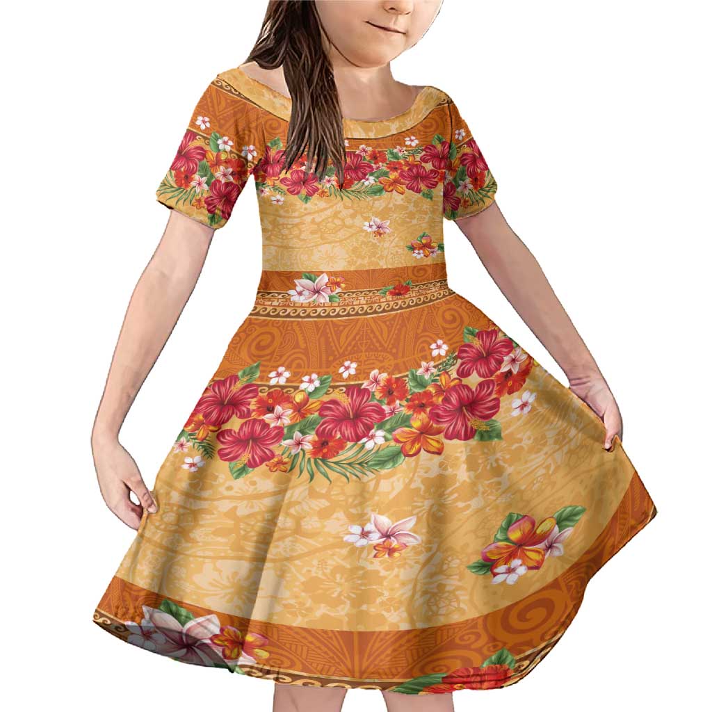 Hawaii Hibiscus Family Matching Mermaid Dress and Hawaiian Shirt Turtles and Tribal Motifs Vintage Floral Style LT03 Daughter's Dress Yellow - Polynesian Pride