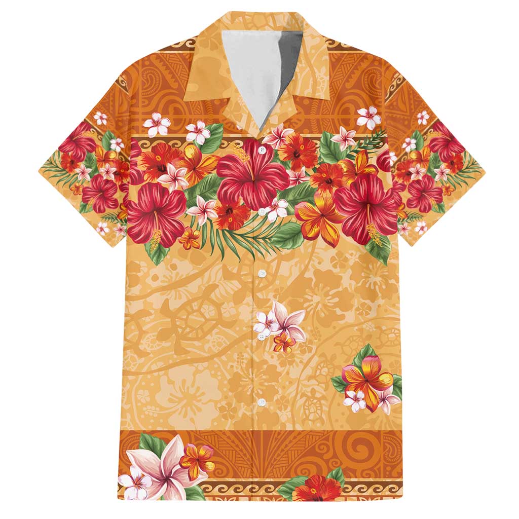 Hawaii Hibiscus Family Matching Off Shoulder Short Dress and Hawaiian Shirt Turtles and Tribal Motifs Vintage Floral Style LT03 Dad's Shirt - Short Sleeve Yellow - Polynesian Pride