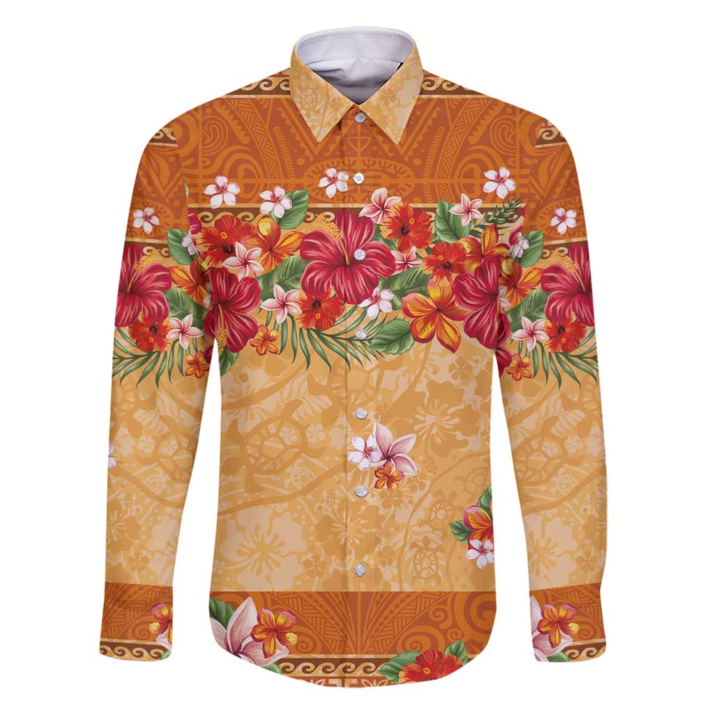 Hawaii Hibiscus Family Matching Off Shoulder Short Dress and Hawaiian Shirt Turtles and Tribal Motifs Vintage Floral Style LT03 Dad's Shirt - Long Sleeve Yellow - Polynesian Pride