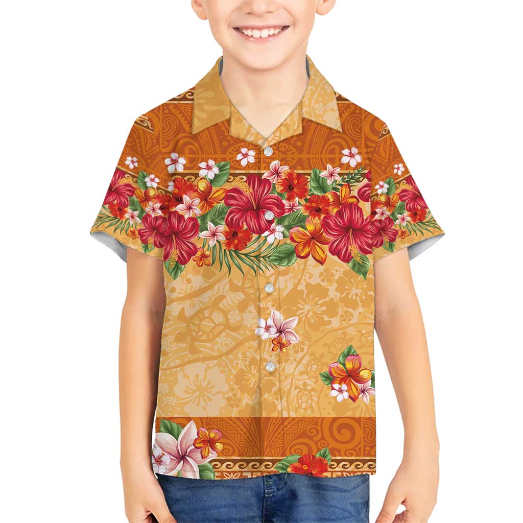 Hawaii Hibiscus Family Matching Off Shoulder Short Dress and Hawaiian Shirt Turtles and Tribal Motifs Vintage Floral Style LT03 Son's Shirt Yellow - Polynesian Pride