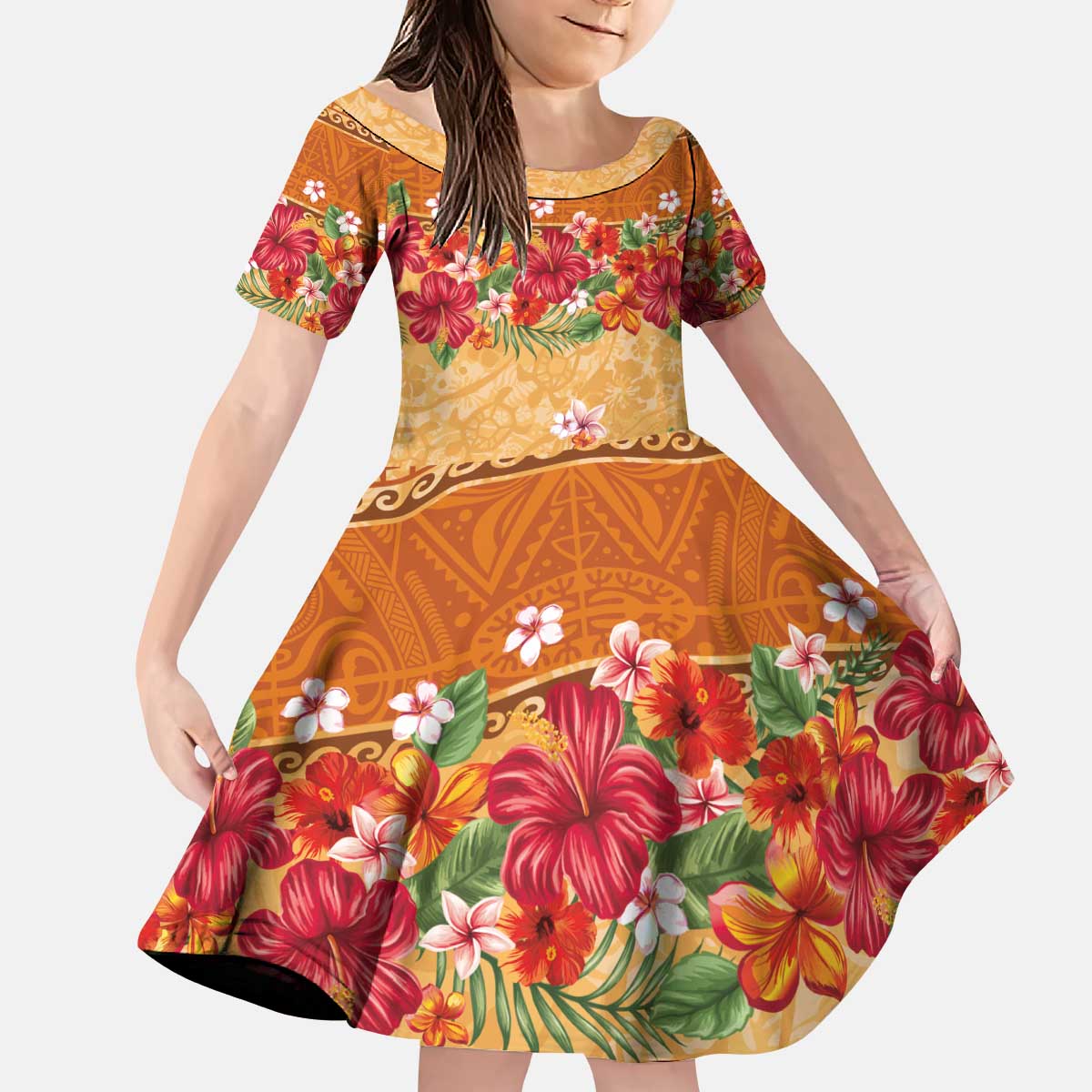 Hawaii Hibiscus Kid Short Sleeve Dress Turtles and Tribal Motifs Vintage Floral Style