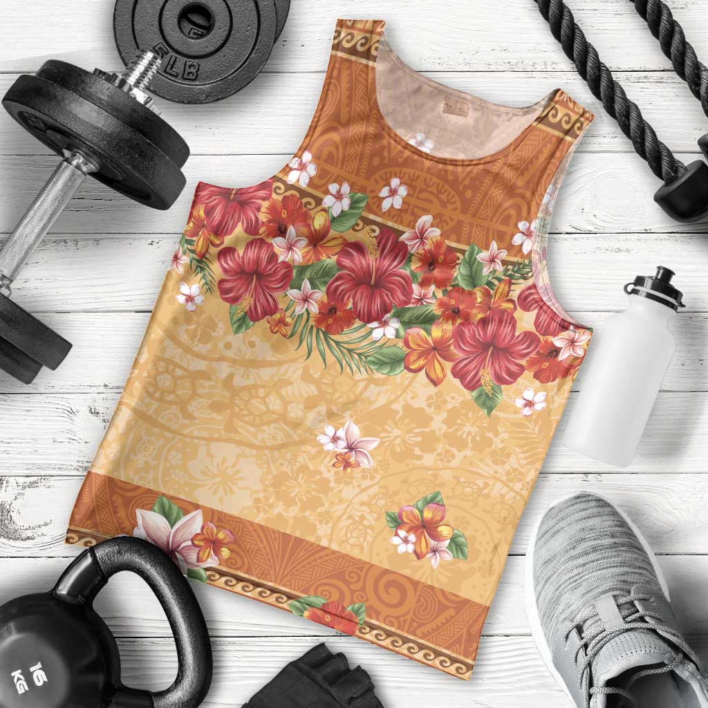 Hawaii Hibiscus Men Tank Top Turtles and Tribal Motifs Vintage Floral Style