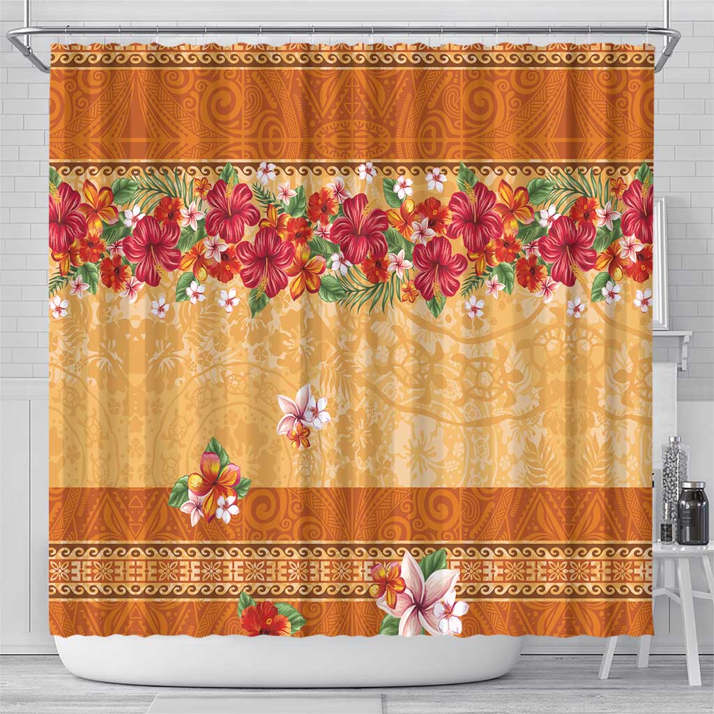 Hawaii Hibiscus Shower Curtain Turtles and Tribal Motifs Vintage Floral Style