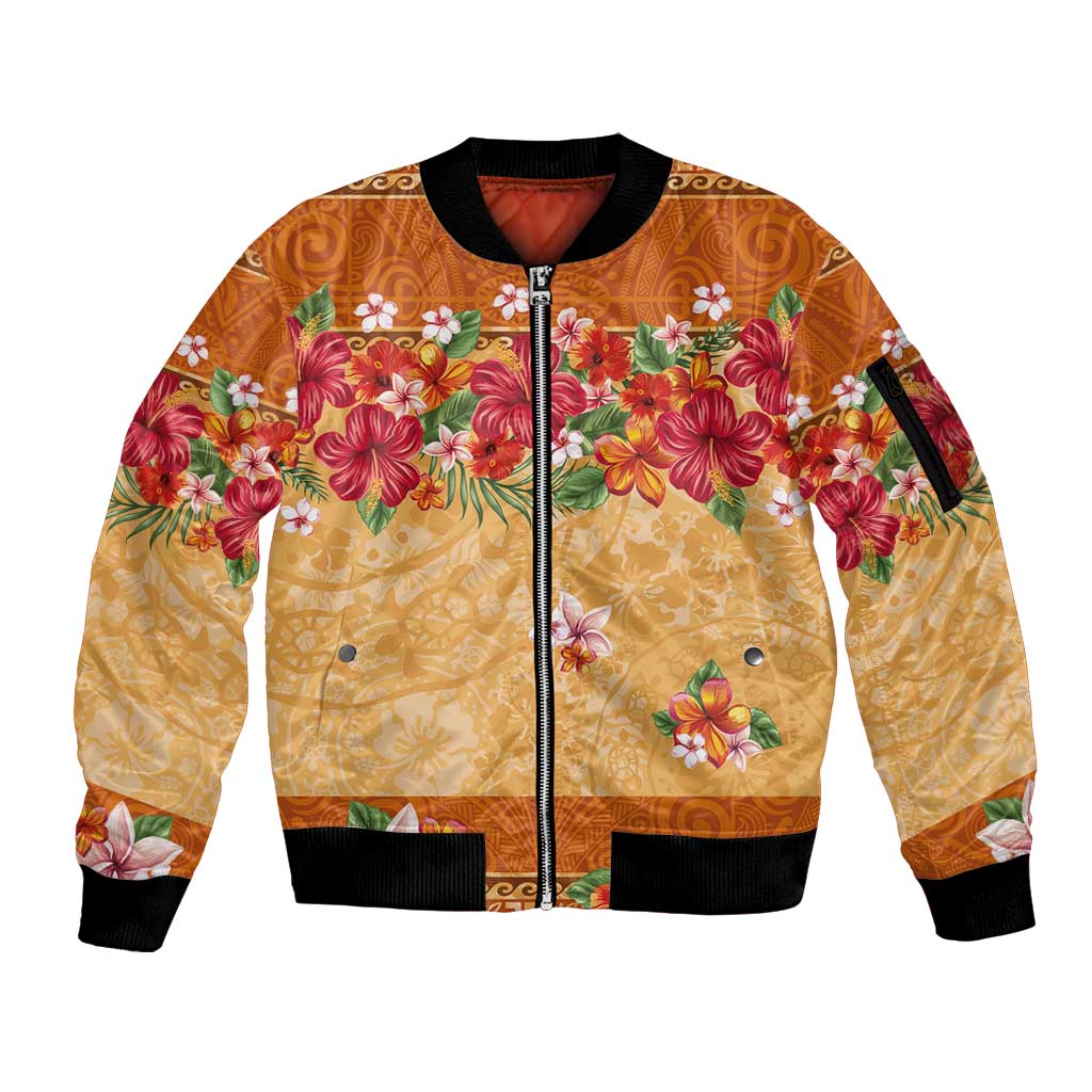 Hawaii Hibiscus Sleeve Zip Bomber Jacket Turtles and Tribal Motifs Vintage Floral Style