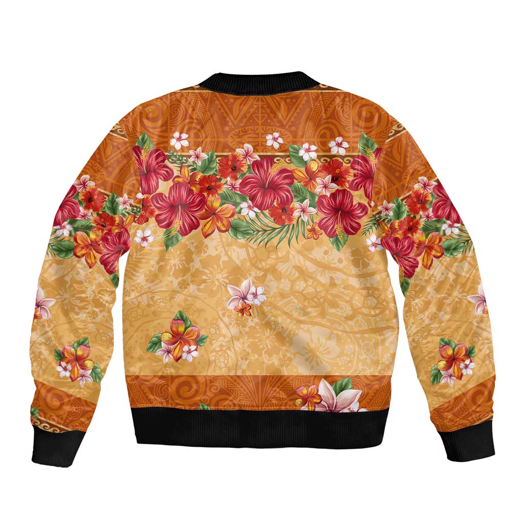 Hawaii Hibiscus Sleeve Zip Bomber Jacket Turtles and Tribal Motifs Vintage Floral Style