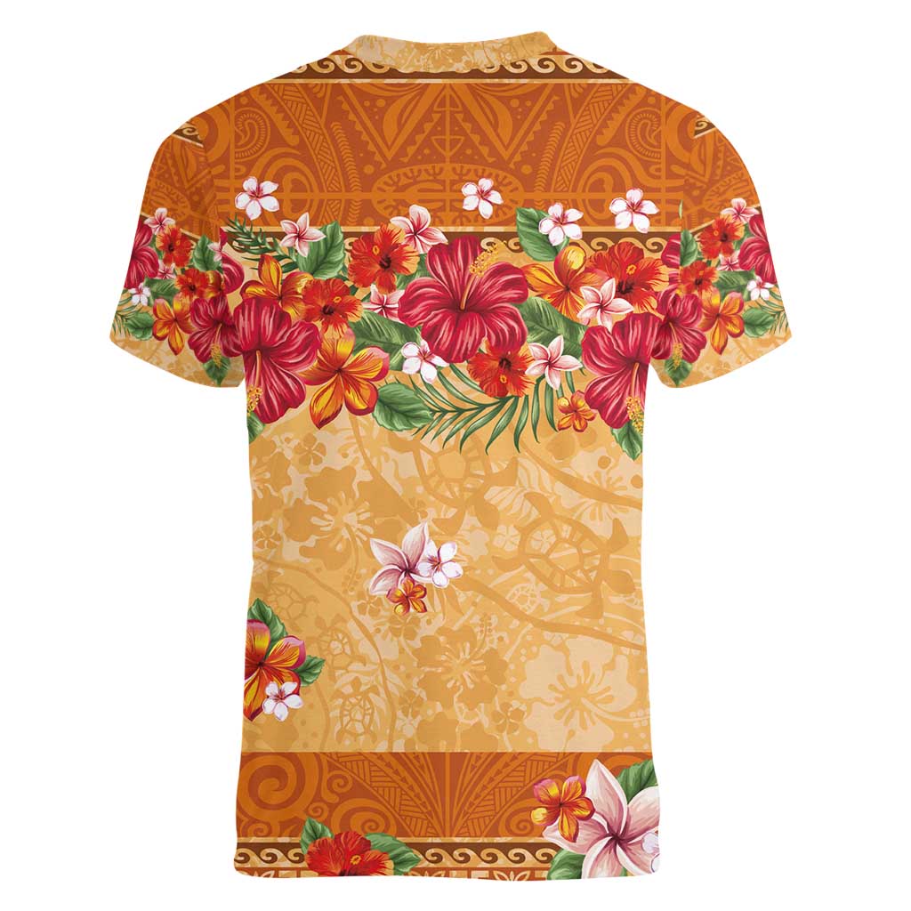 Hawaii Hibiscus Women V-Neck T-Shirt Turtles and Tribal Motifs Vintage Floral Style