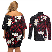 French Polynesia Tiare Day Couples Matching Off Shoulder Short Dress and Long Sleeve Button Shirt Seal and Polynesian Pattern