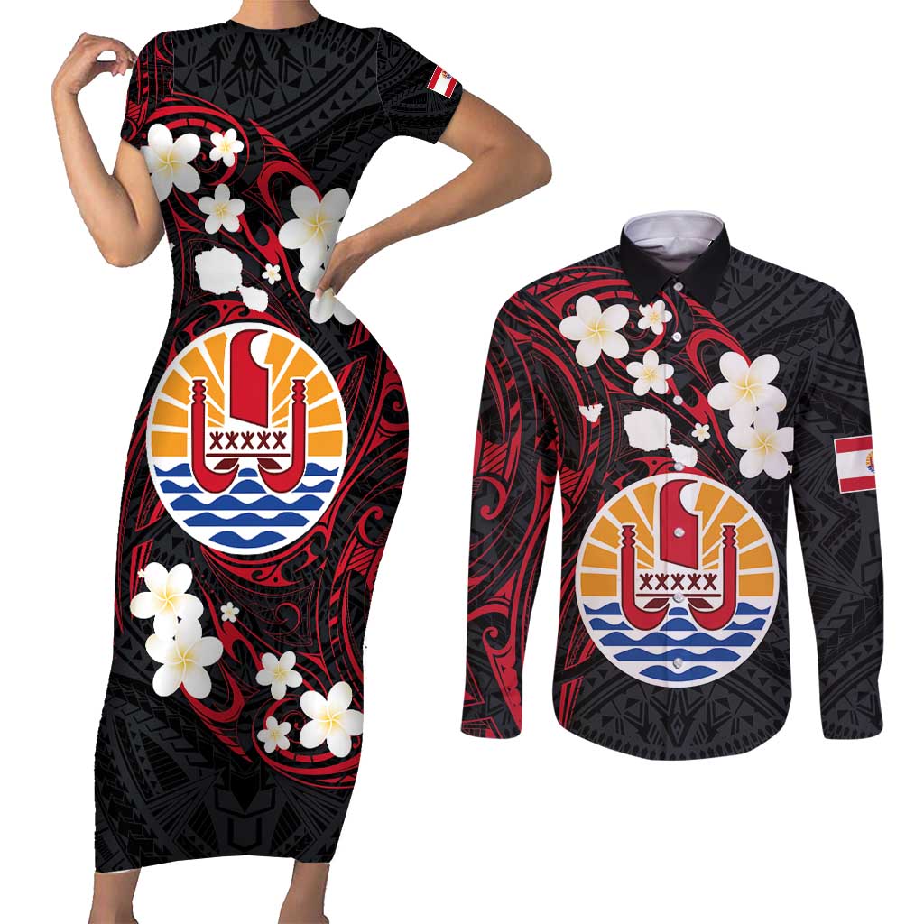 French Polynesia Tiare Day Couples Matching Short Sleeve Bodycon Dress and Long Sleeve Button Shirt Seal and Polynesian Pattern