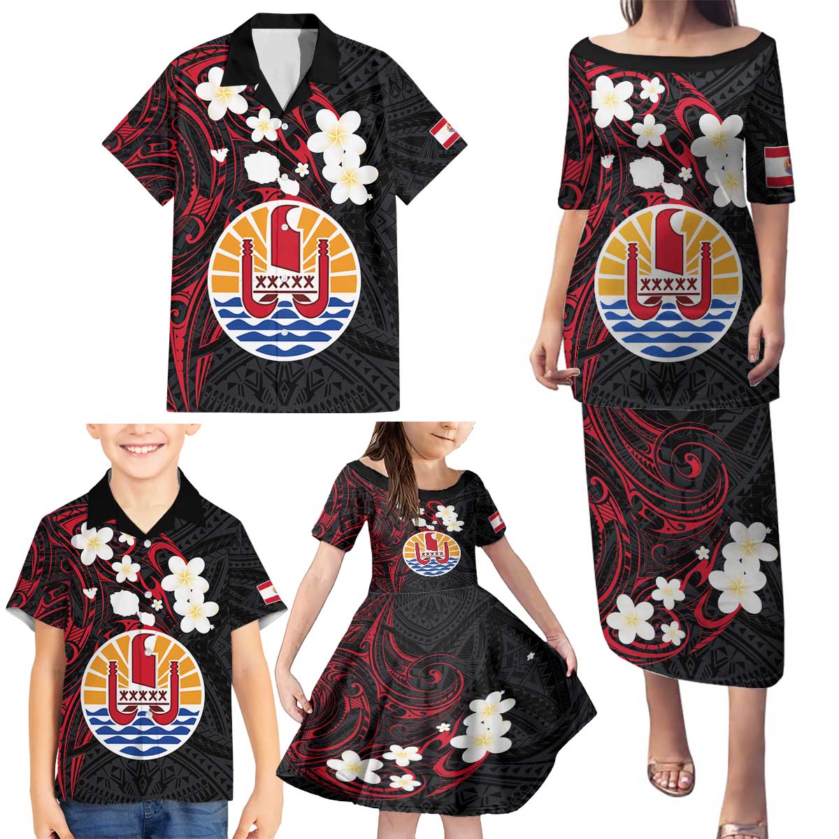French Polynesia Tiare Day Family Matching Puletasi and Hawaiian Shirt Seal and Polynesian Pattern