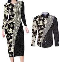 Bula Hibiscus Festival Couples Matching Long Sleeve Bodycon Dress and Long Sleeve Button Shirt Tapa Pattern Half Style