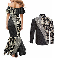 Bula Hibiscus Festival Couples Matching Mermaid Dress and Long Sleeve Button Shirt Tapa Pattern Half Style