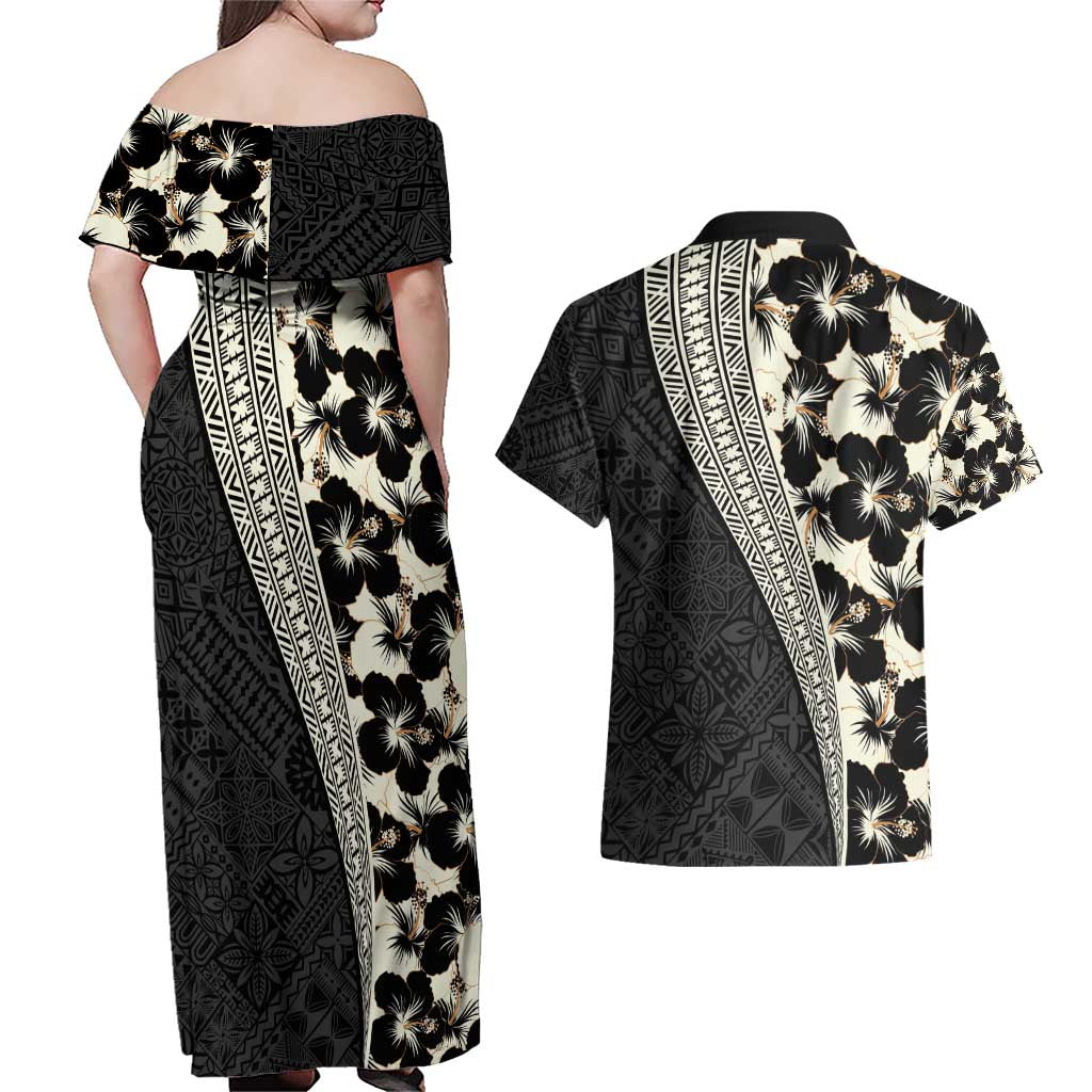 Bula Hibiscus Festival Couples Matching Off Shoulder Maxi Dress and Hawaiian Shirt Tapa Pattern Half Style