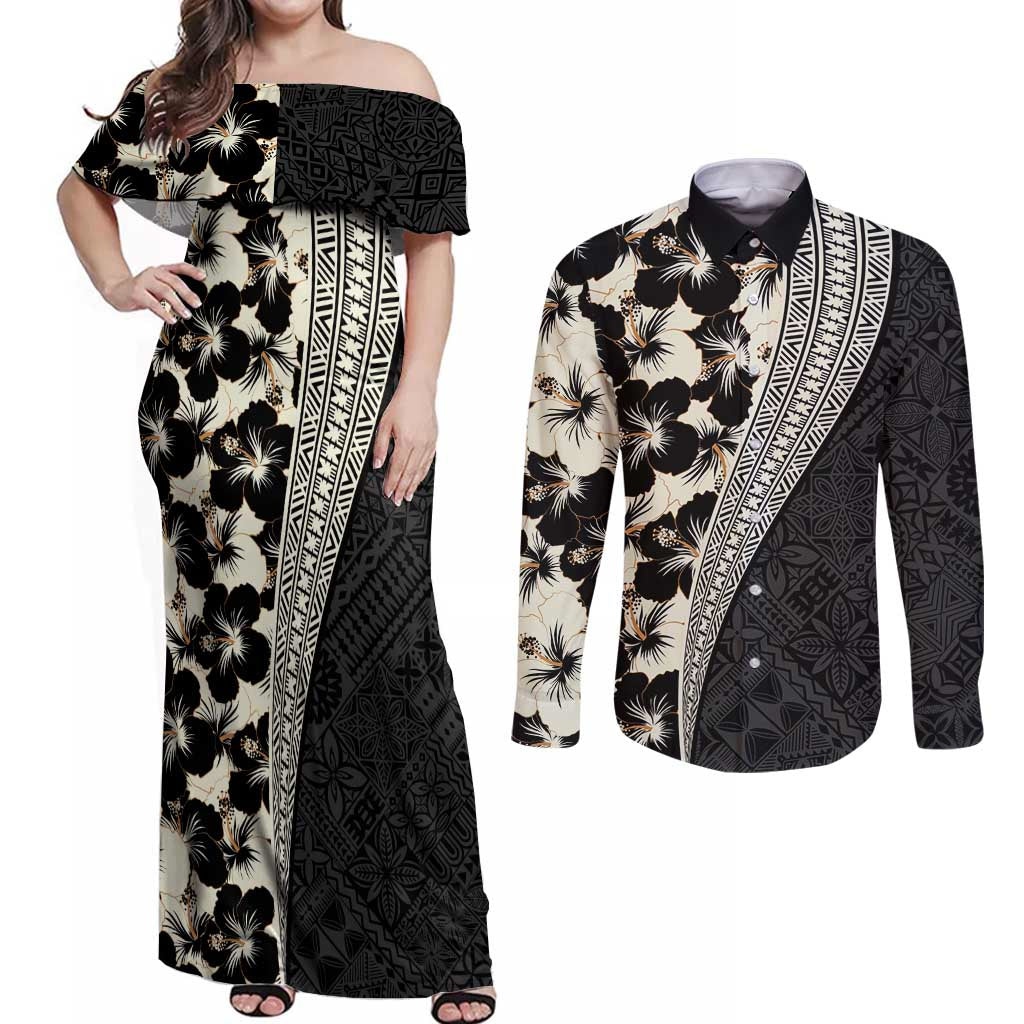 Bula Hibiscus Festival Couples Matching Off Shoulder Maxi Dress and Long Sleeve Button Shirt Tapa Pattern Half Style LT03 Beige - Polynesian Pride