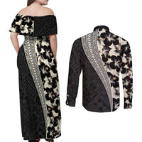 Bula Hibiscus Festival Couples Matching Off Shoulder Maxi Dress and Long Sleeve Button Shirt Tapa Pattern Half Style
