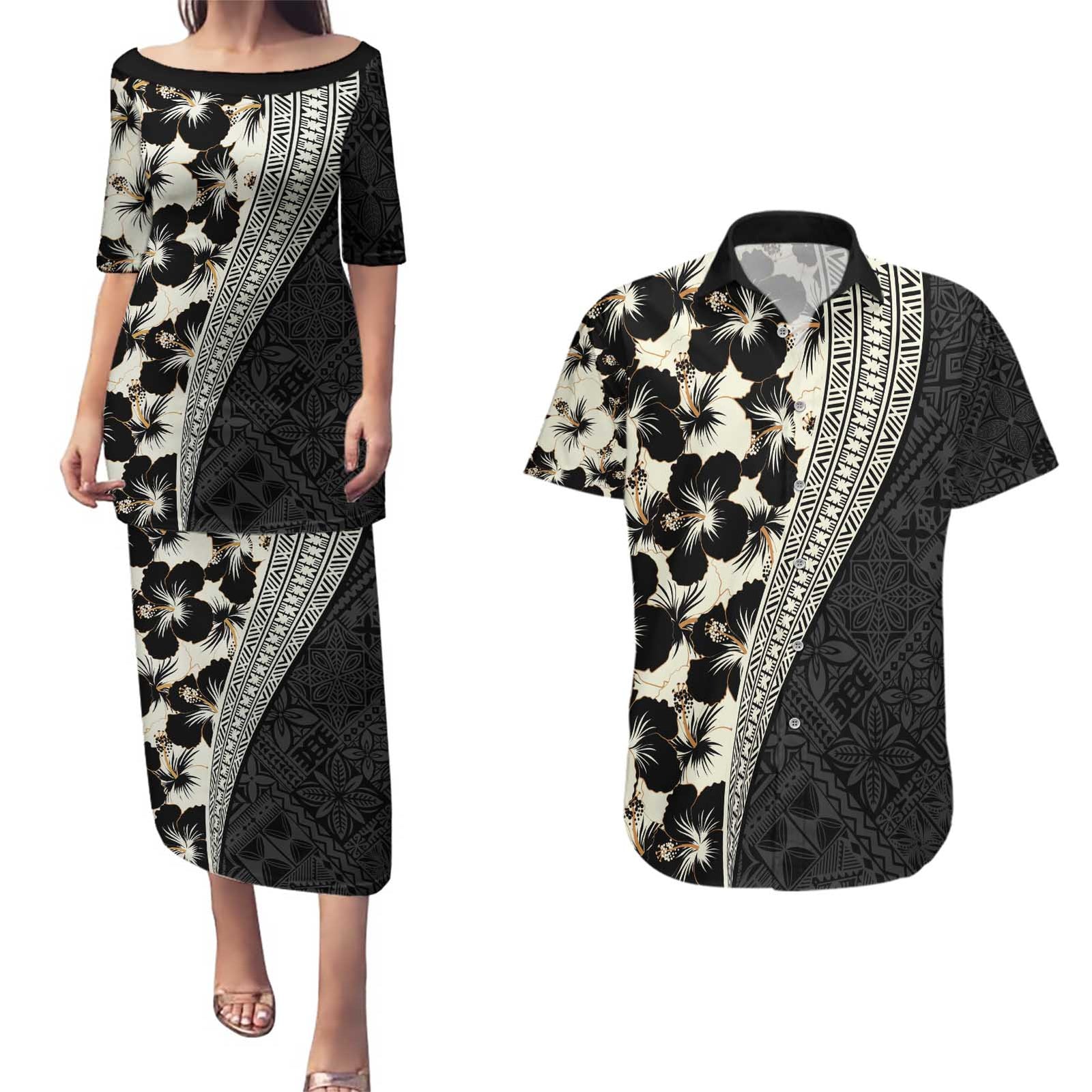 Bula Hibiscus Festival Couples Matching Puletasi and Hawaiian Shirt Tapa Pattern Half Style LT03 Beige - Polynesian Pride