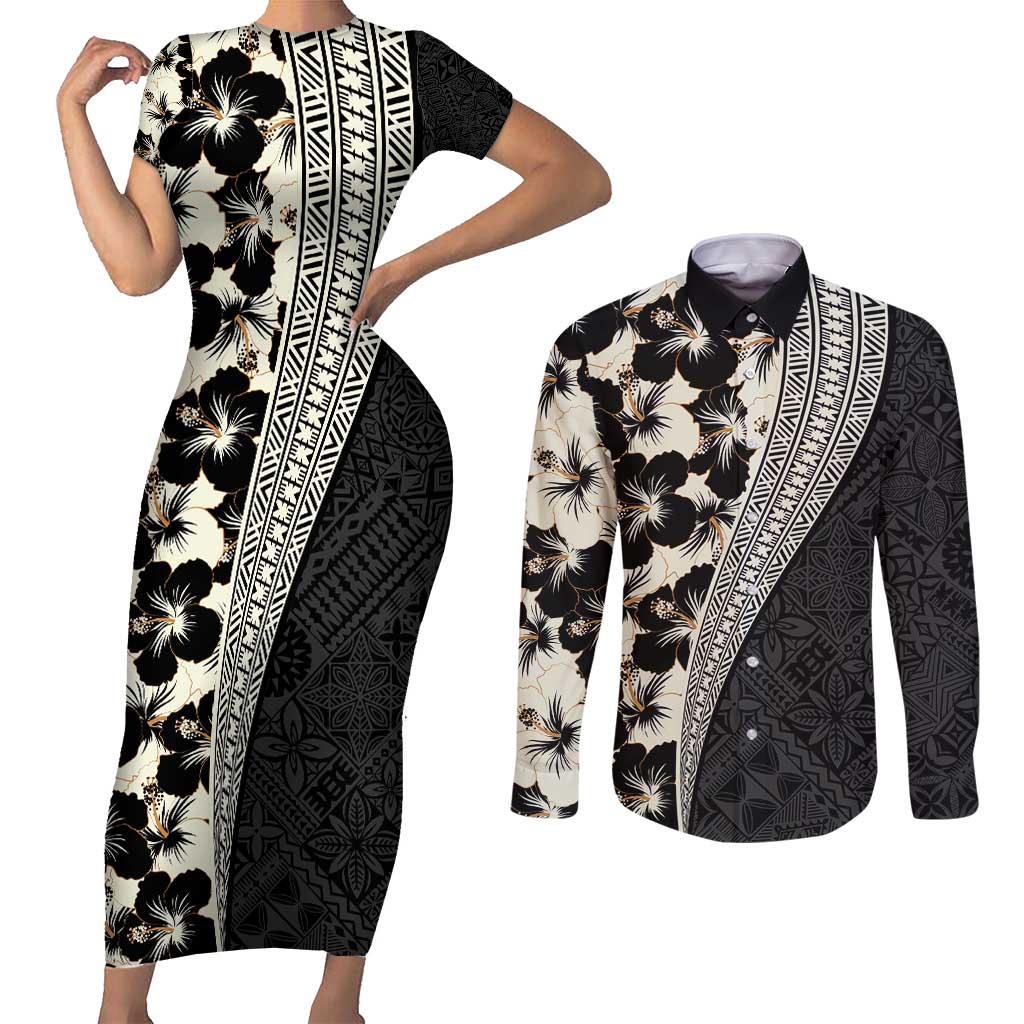 Bula Hibiscus Festival Couples Matching Short Sleeve Bodycon Dress and Long Sleeve Button Shirt Tapa Pattern Half Style LT03 Beige - Polynesian Pride