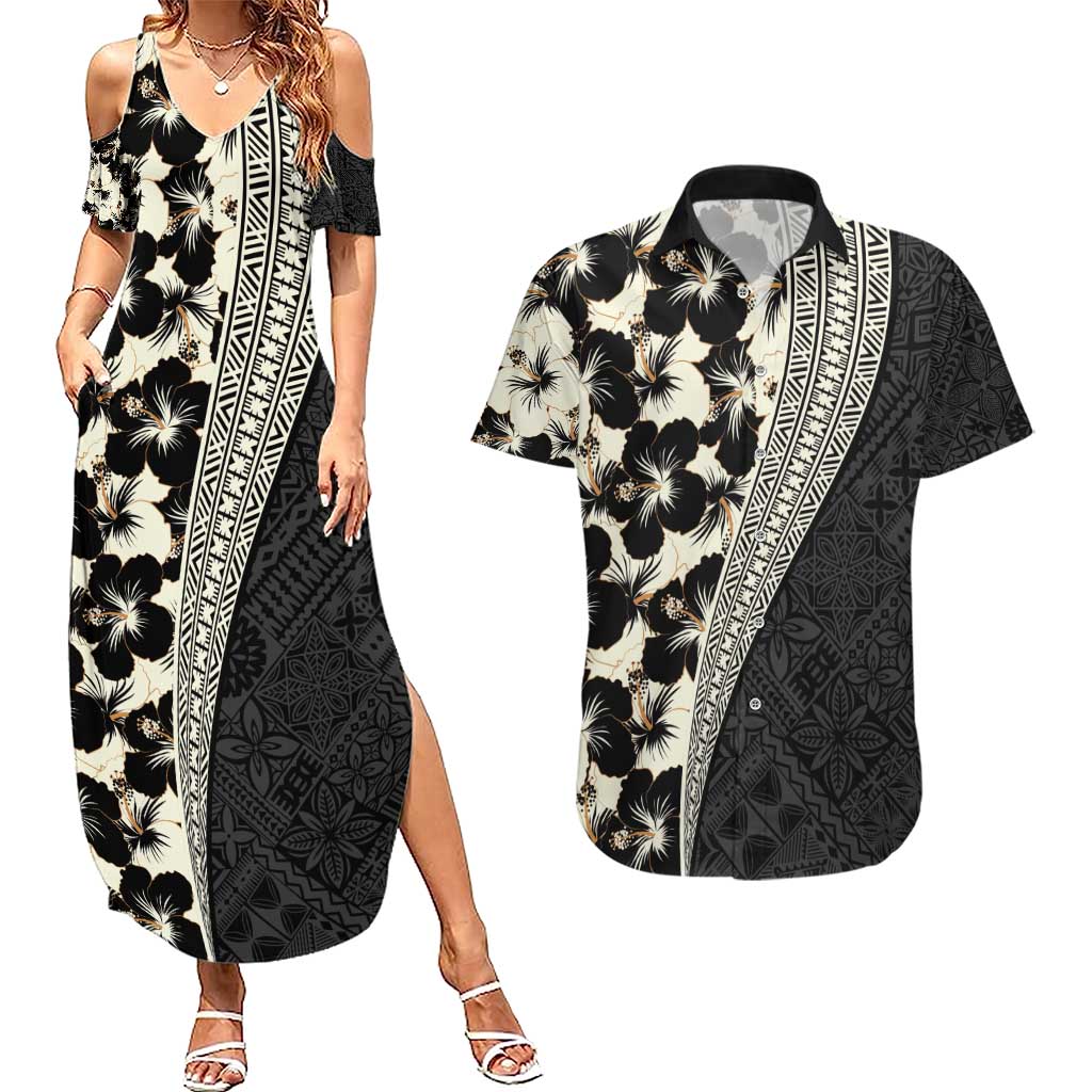 Bula Hibiscus Festival Couples Matching Summer Maxi Dress and Hawaiian Shirt Tapa Pattern Half Style LT03 Beige - Polynesian Pride