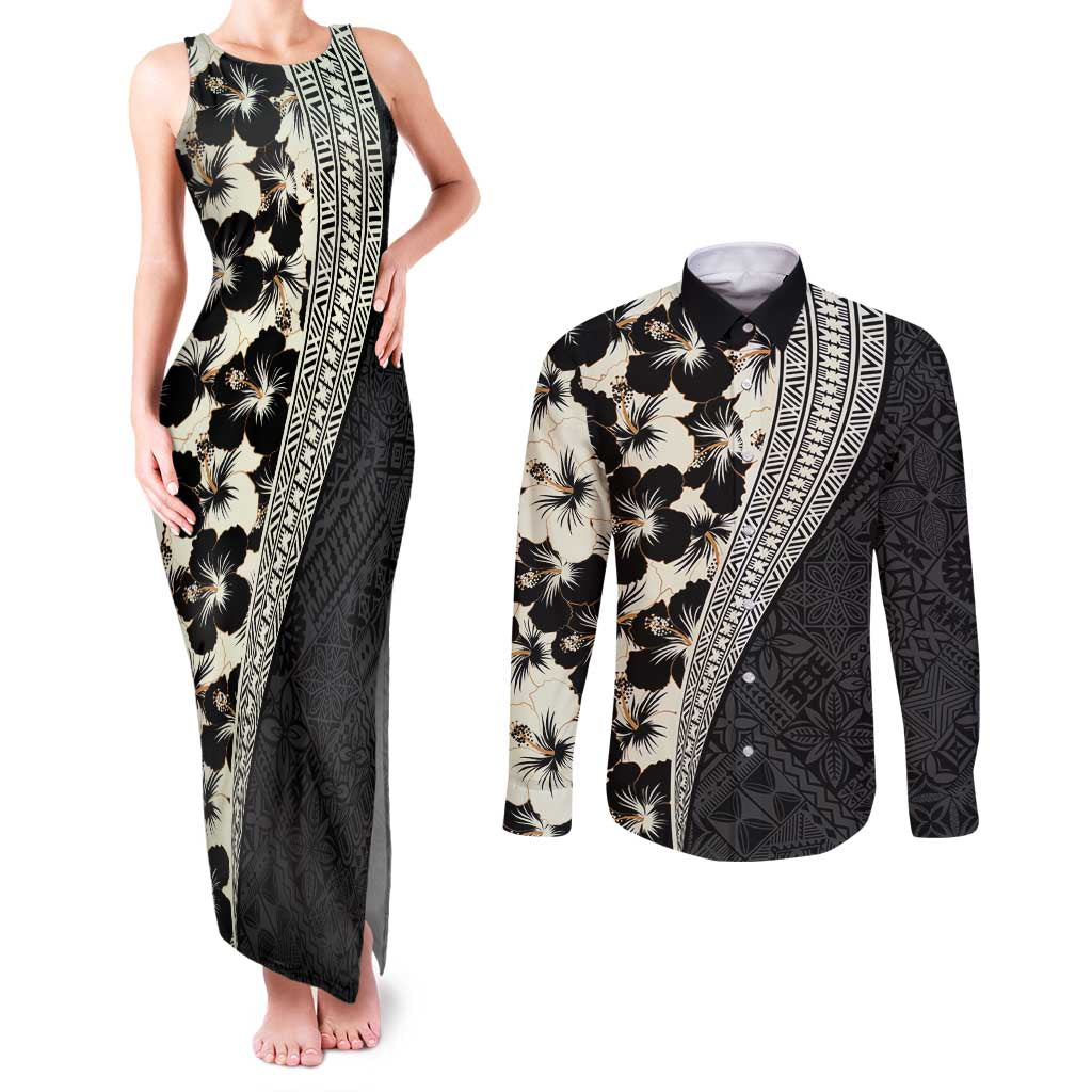 Bula Hibiscus Festival Couples Matching Tank Maxi Dress and Long Sleeve Button Shirt Tapa Pattern Half Style LT03 Beige - Polynesian Pride