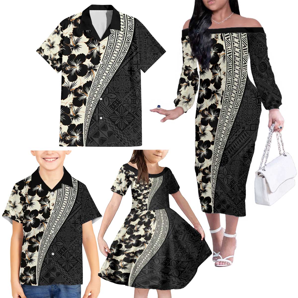 Bula Hibiscus Festival Family Matching Off The Shoulder Long Sleeve Dress and Hawaiian Shirt Tapa Pattern Half Style LT03 - Polynesian Pride