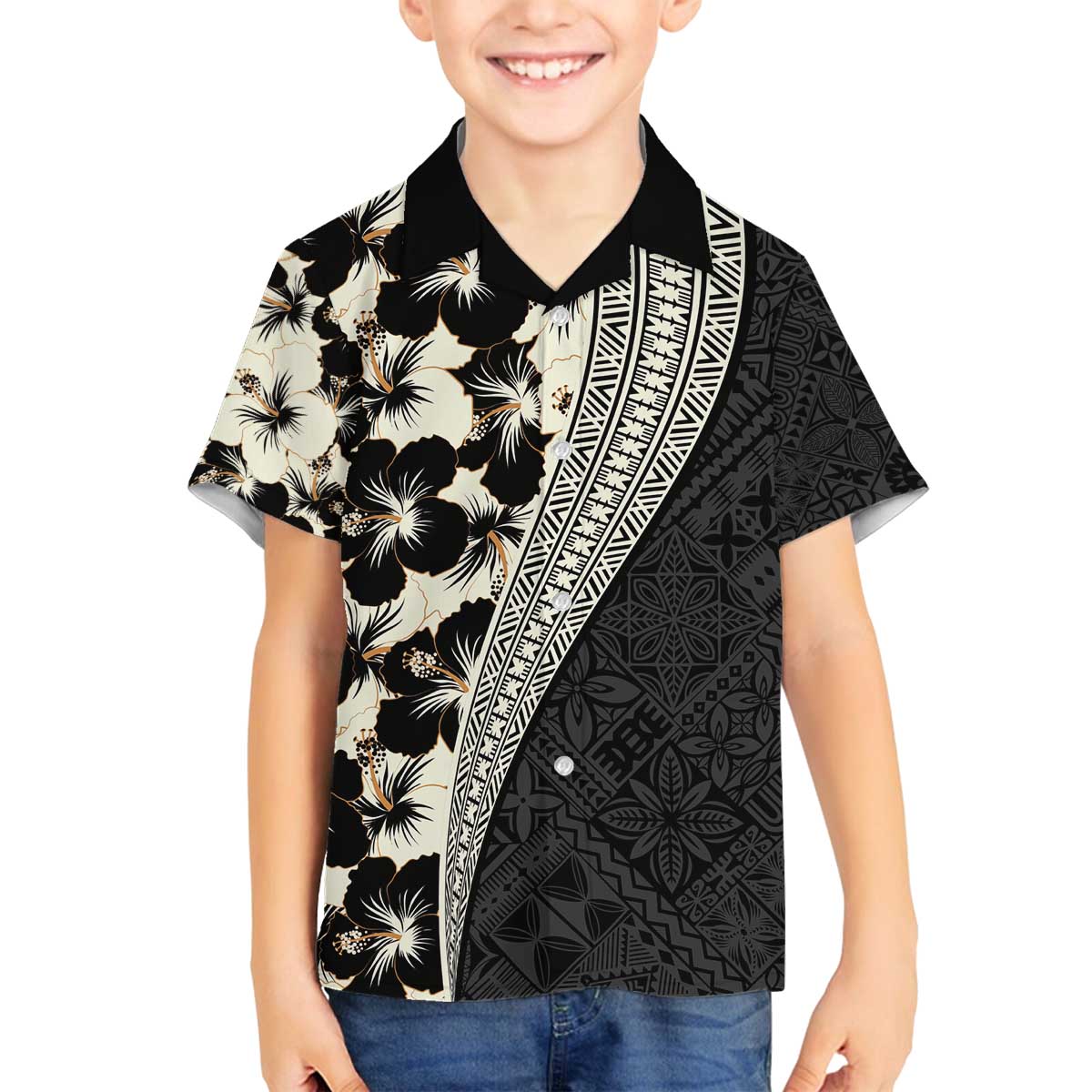 Bula Hibiscus Festival Family Matching Off The Shoulder Long Sleeve Dress and Hawaiian Shirt Tapa Pattern Half Style LT03 Son's Shirt Beige - Polynesian Pride