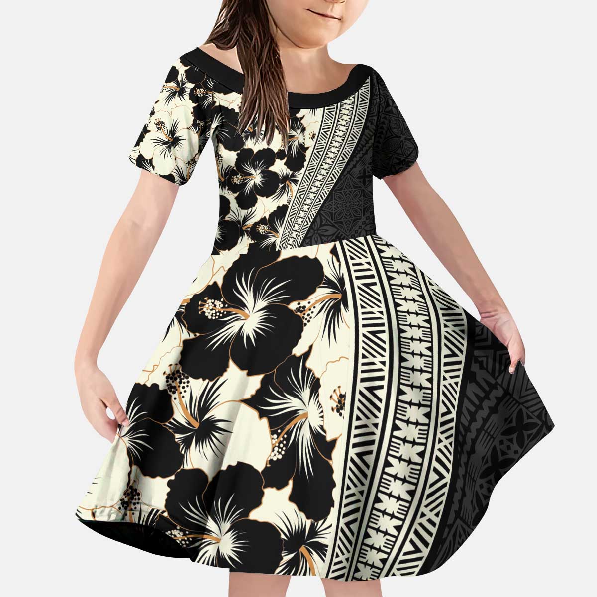 Bula Hibiscus Festival Kid Short Sleeve Dress Tapa Pattern Half Style