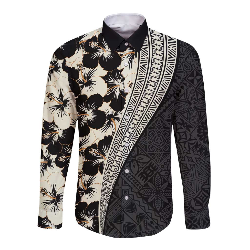 Bula Hibiscus Festival Long Sleeve Button Shirt Tapa Pattern Half Style LT03 Unisex Beige - Polynesian Pride