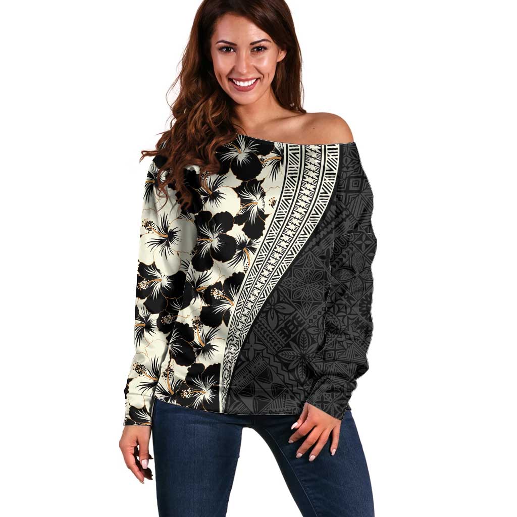 Bula Hibiscus Festival Off Shoulder Sweater Tapa Pattern Half Style LT03 Women Beige - Polynesian Pride