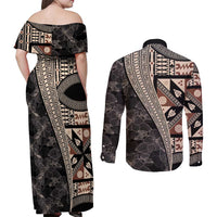 Bula Hibiscus Festival Couples Matching Off Shoulder Maxi Dress and Long Sleeve Button Shirt Fijian Masi Pattern Half Style