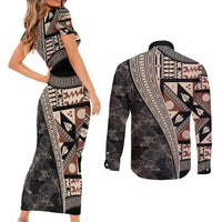 Bula Hibiscus Festival Couples Matching Short Sleeve Bodycon Dress and Long Sleeve Button Shirt Fijian Masi Pattern Half Style