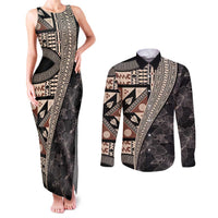 Bula Hibiscus Festival Couples Matching Tank Maxi Dress and Long Sleeve Button Shirt Fijian Masi Pattern Half Style