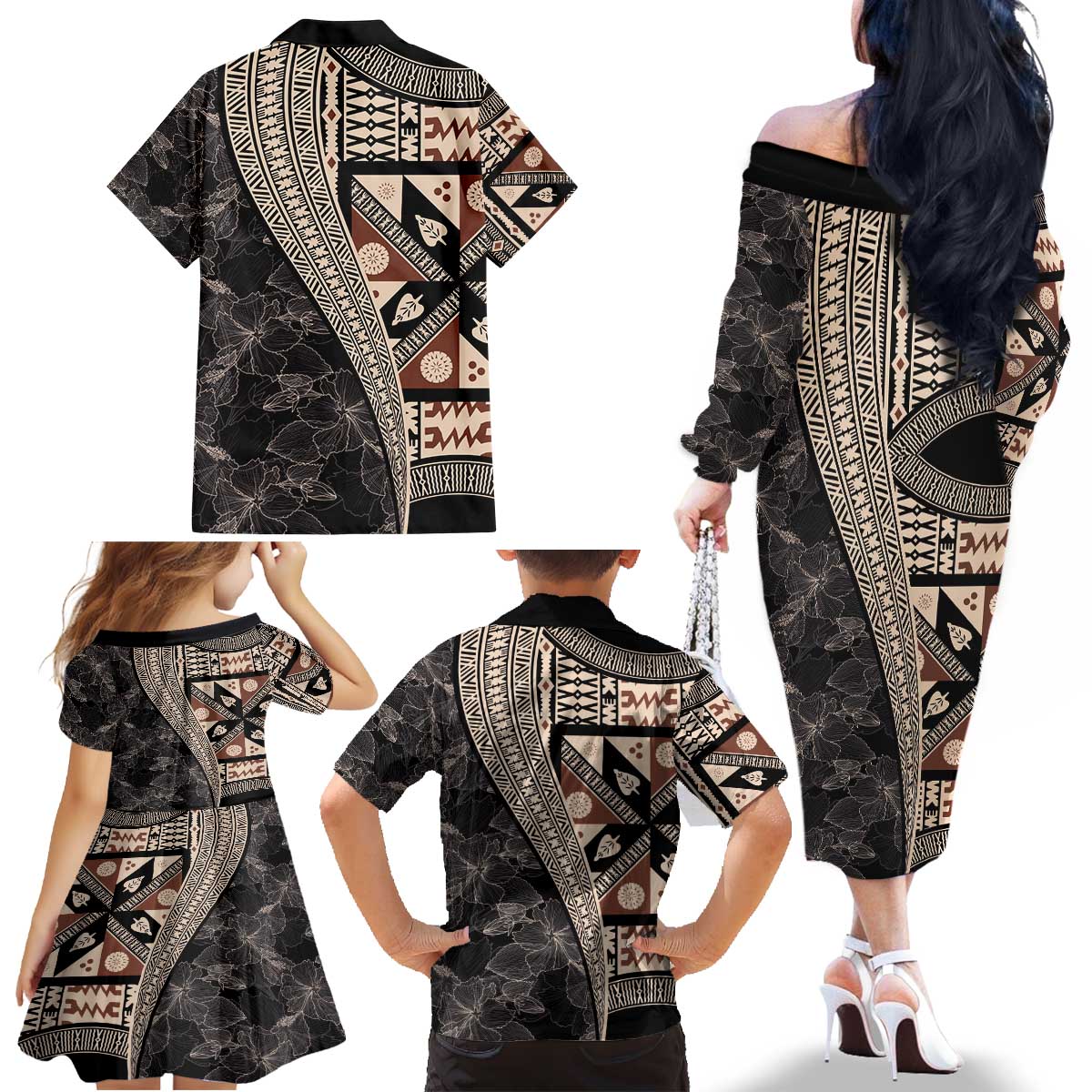Bula Hibiscus Festival Family Matching Off The Shoulder Long Sleeve Dress and Hawaiian Shirt Fijian Masi Pattern Half Style