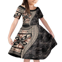Bula Hibiscus Festival Family Matching Off Shoulder Short Dress and Hawaiian Shirt Fijian Masi Pattern Half Style LT03 Daughter's Dress Beige - Polynesian Pride