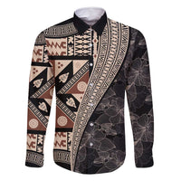Bula Hibiscus Festival Family Matching Off Shoulder Short Dress and Hawaiian Shirt Fijian Masi Pattern Half Style LT03 Dad's Shirt - Long Sleeve Beige - Polynesian Pride