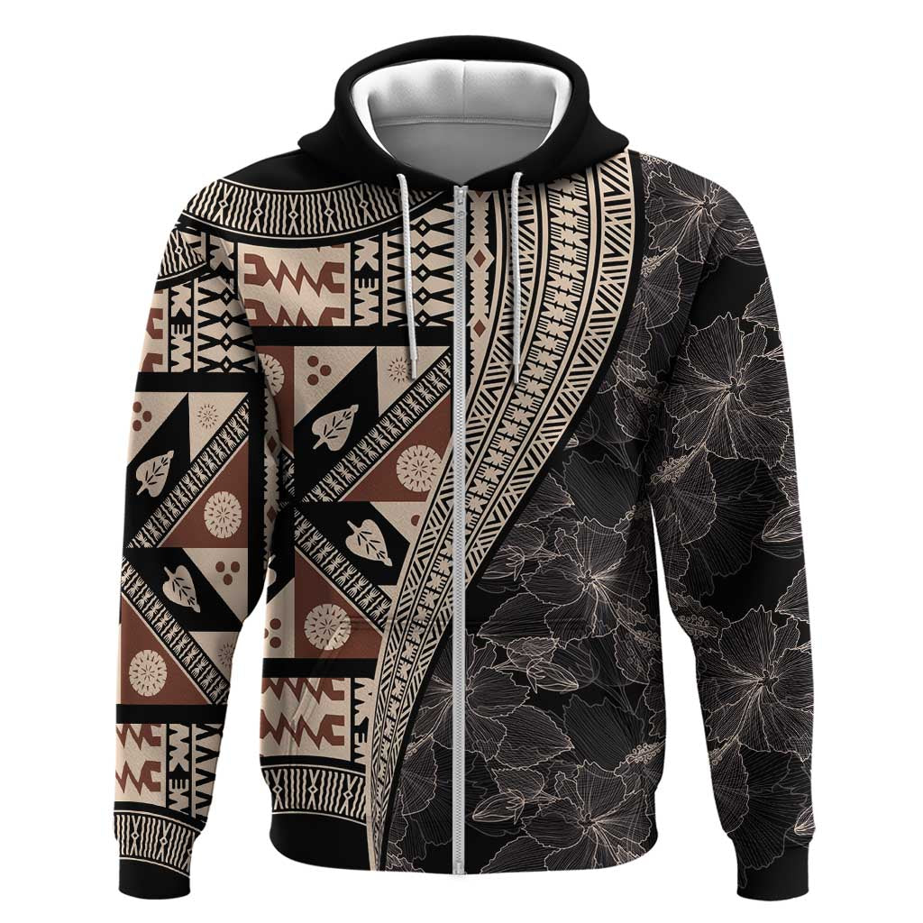 Bula Hibiscus Festival Hoodie Fijian Masi Pattern Half Style LT03 Zip Hoodie Beige - Polynesian Pride