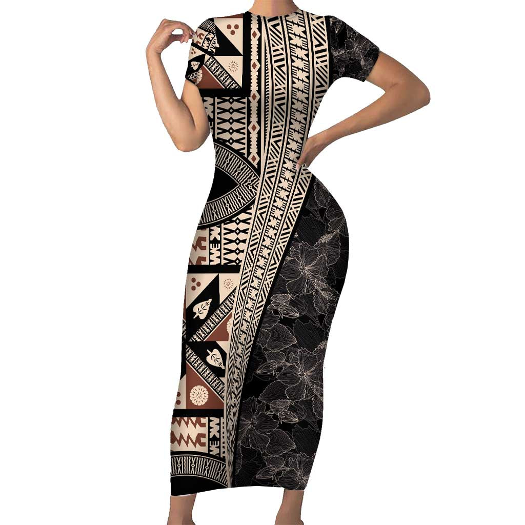 Bula Hibiscus Festival Short Sleeve Bodycon Dress Fijian Masi Pattern