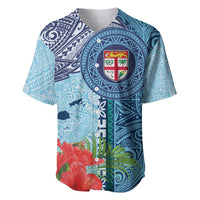 Fiji Day Baseball Jersey Tapa Pattern and Hibiscus Flower LT03 Blue - Polynesian Pride