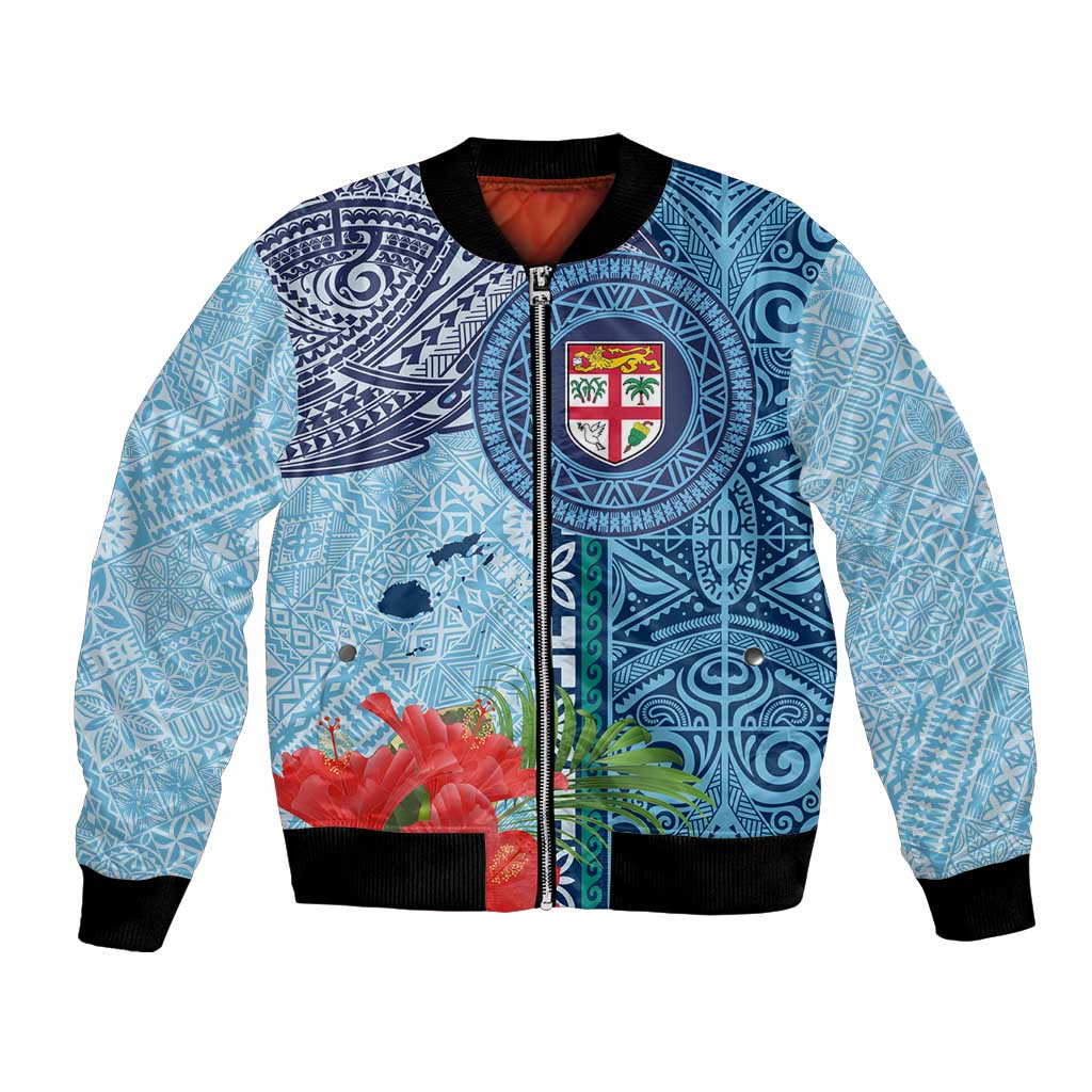 Fiji Day Bomber Jacket Tapa Pattern and Hibiscus Flower