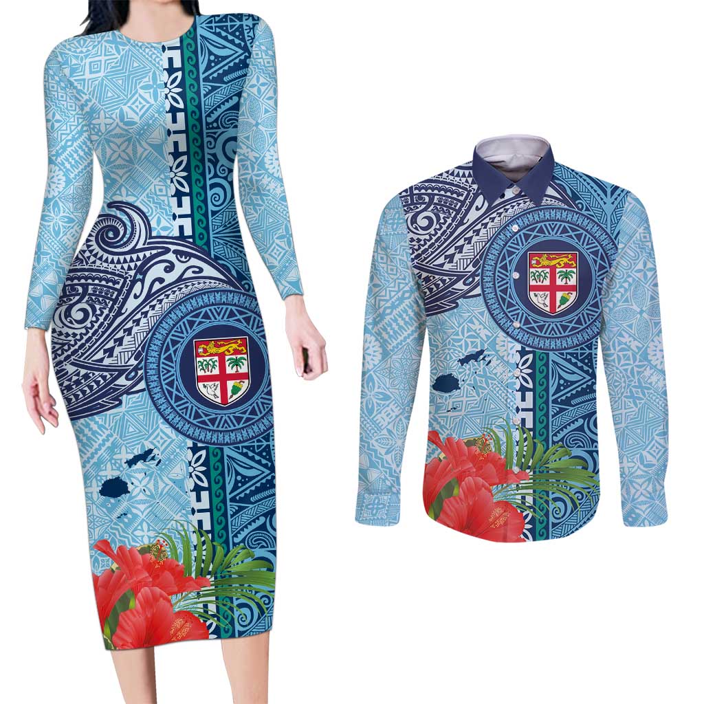 Fiji Day Couples Matching Long Sleeve Bodycon Dress and Long Sleeve Button Shirt Tapa Pattern and Hibiscus Flower
