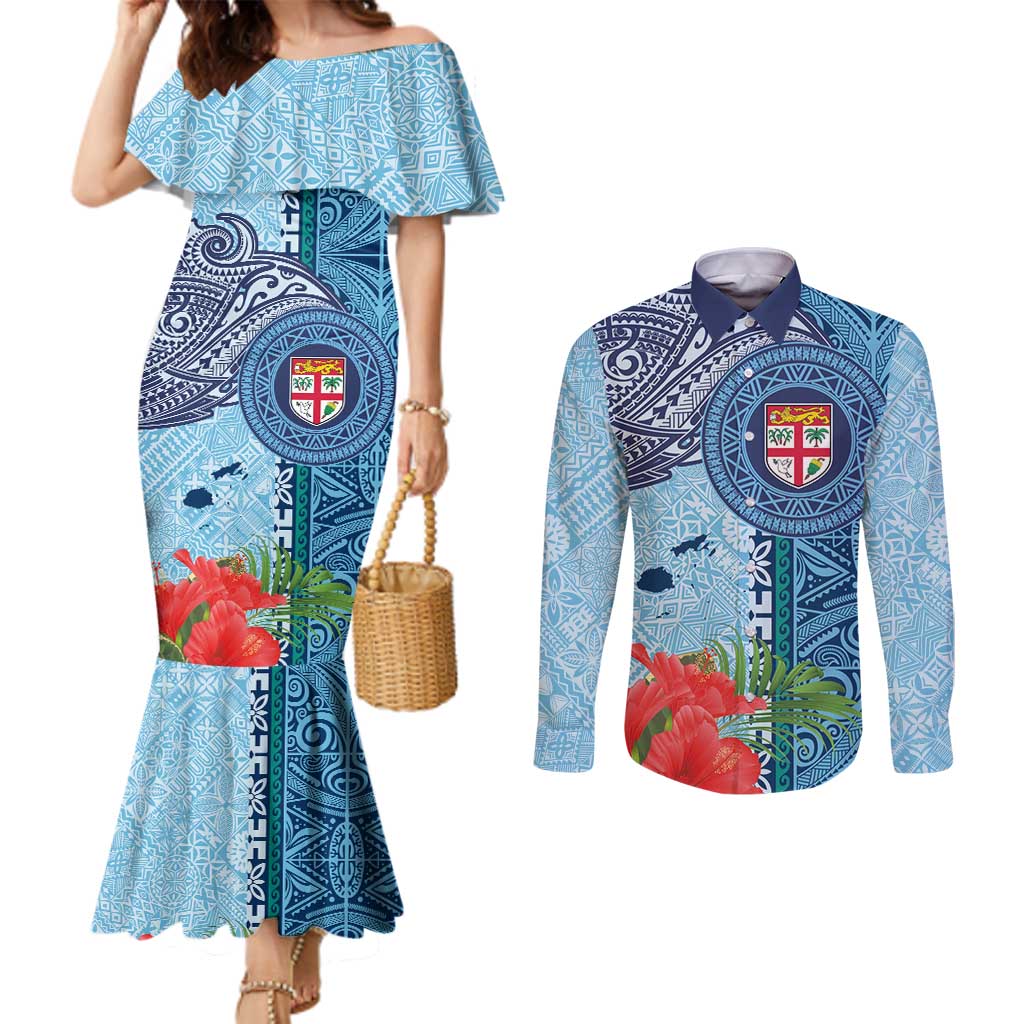 Fiji Day Couples Matching Mermaid Dress and Long Sleeve Button Shirt Tapa Pattern and Hibiscus Flower