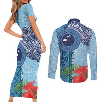 Fiji Day Couples Matching Short Sleeve Bodycon Dress and Long Sleeve Button Shirt Tapa Pattern and Hibiscus Flower