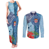 Fiji Day Couples Matching Tank Maxi Dress and Long Sleeve Button Shirt Tapa Pattern and Hibiscus Flower