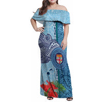 Fiji Day Family Matching Off Shoulder Maxi Dress and Hawaiian Shirt Tapa Pattern and Hibiscus Flower