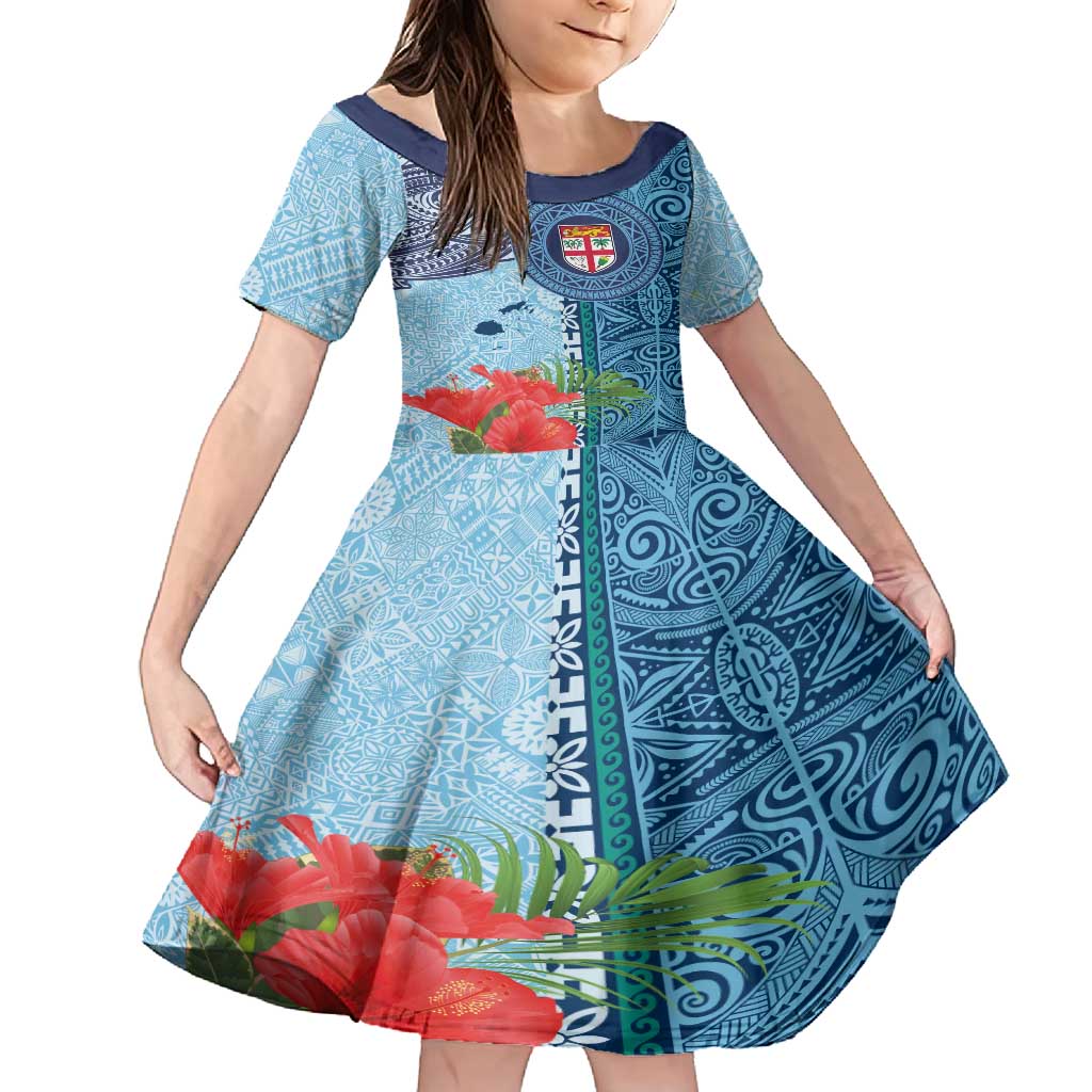 Fiji Day Family Matching Off Shoulder Short Dress and Hawaiian Shirt Tapa Pattern and Hibiscus Flower LT03 Daughter's Dress Blue - Polynesian Pride