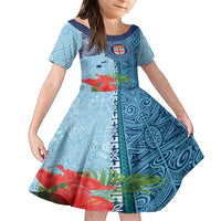 Fiji Day Family Matching Off Shoulder Short Dress and Hawaiian Shirt Tapa Pattern and Hibiscus Flower LT03 Daughter's Dress Blue - Polynesian Pride